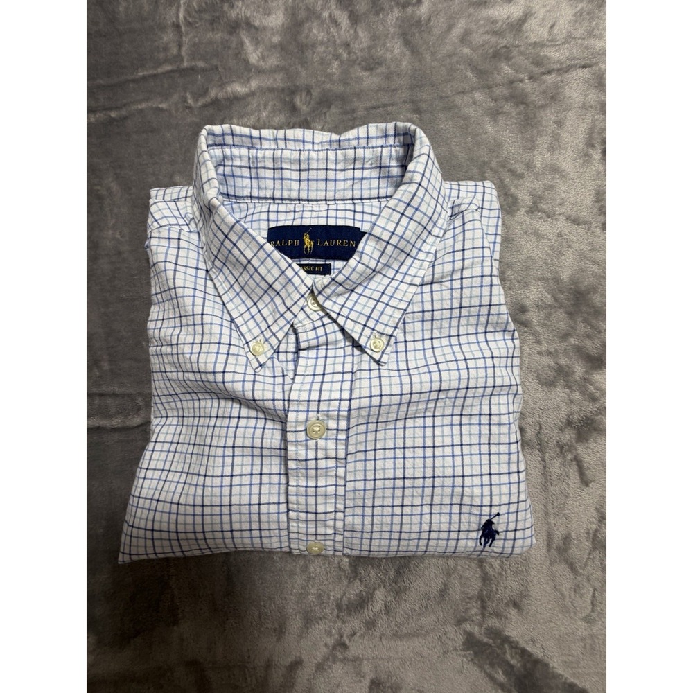 Ralph Lauren Classic Fit Long Sleeve Button Down Blue Checked Tattersall Size M